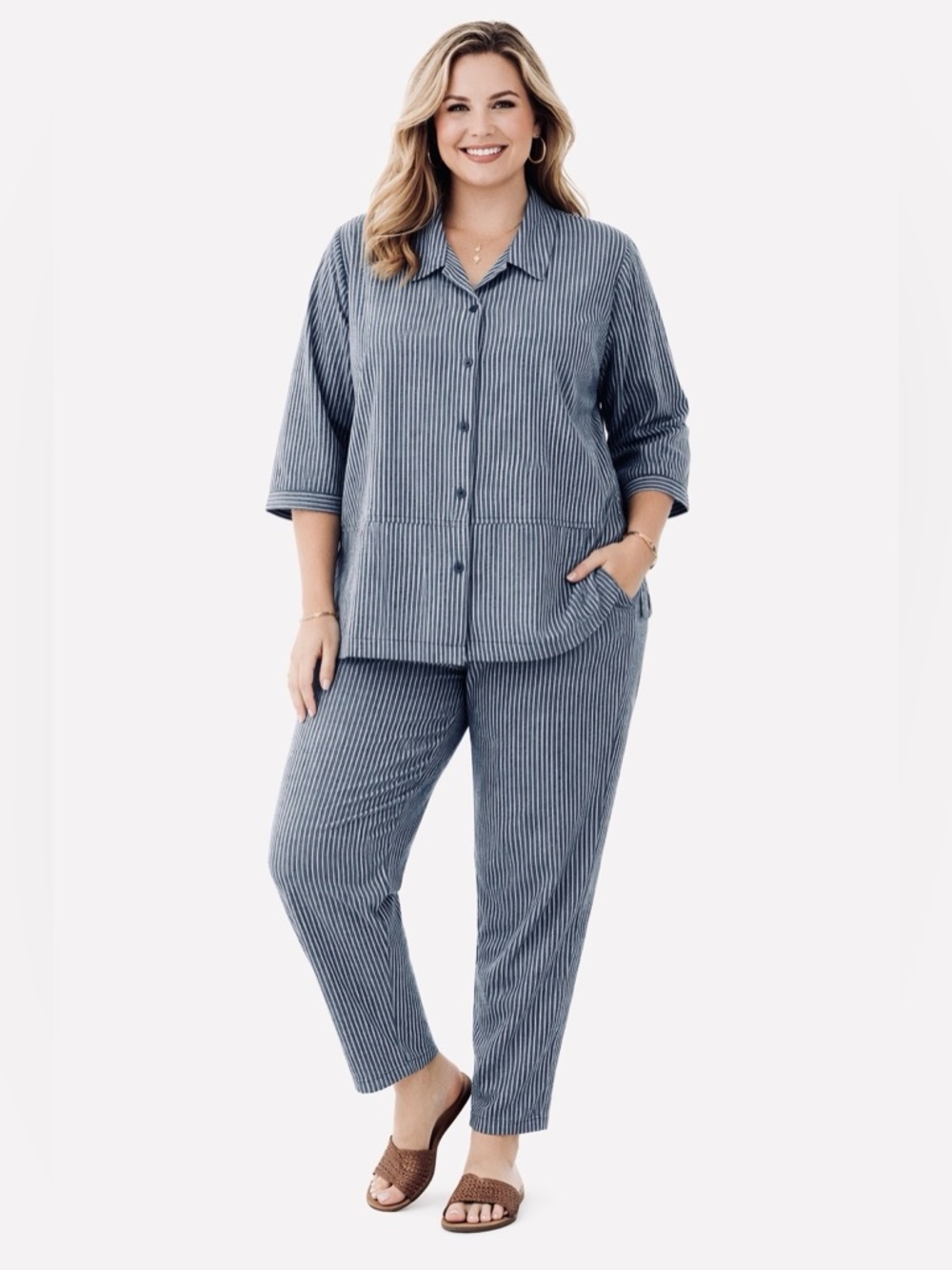 VTG Allison Daley Striped Denim Shirt & Pants Set Top Size 18; Bottoms Size 14